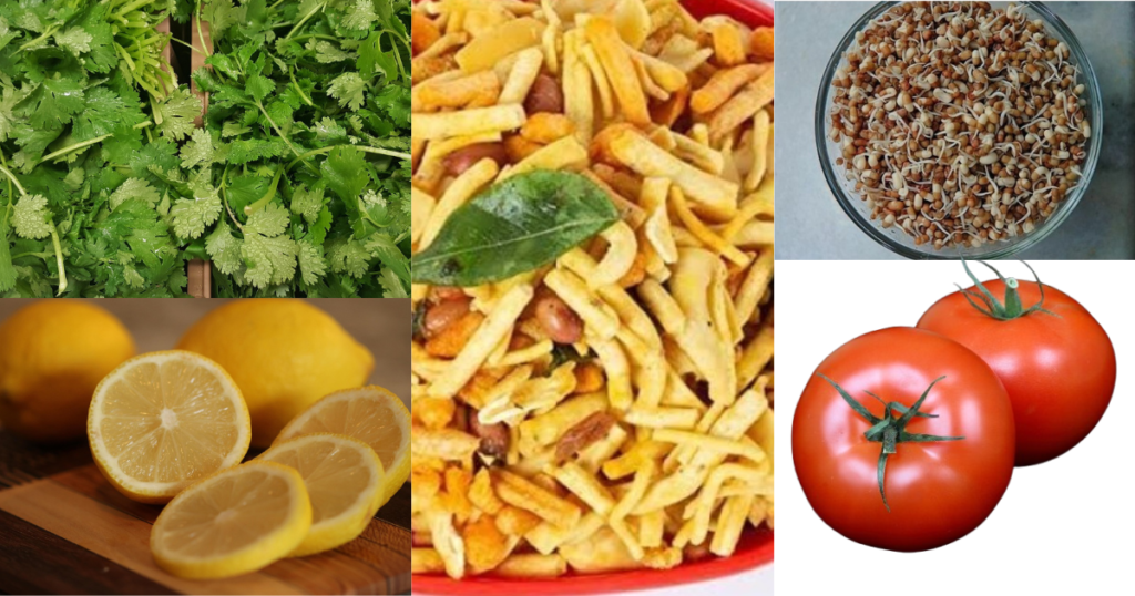 Coriander leaves, lemon,math beans, Tomato
